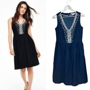 Boden Sheath Dress 8L Navy Beaded Classic Knee Length Nautical Old Money Lined